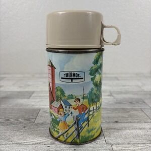 Vintage 1962 King Seeley Metal Thermos Bottle Farm/Ranch Scene Barn Horses Kids